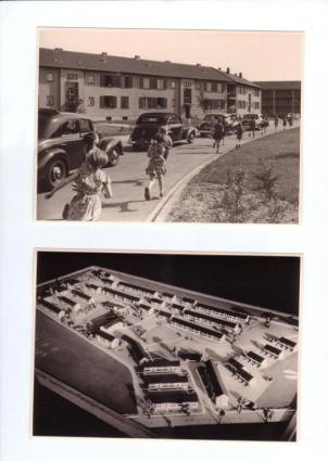 Wagenkolonne (oben) und Modell der Böhler-Siedlung (unten)